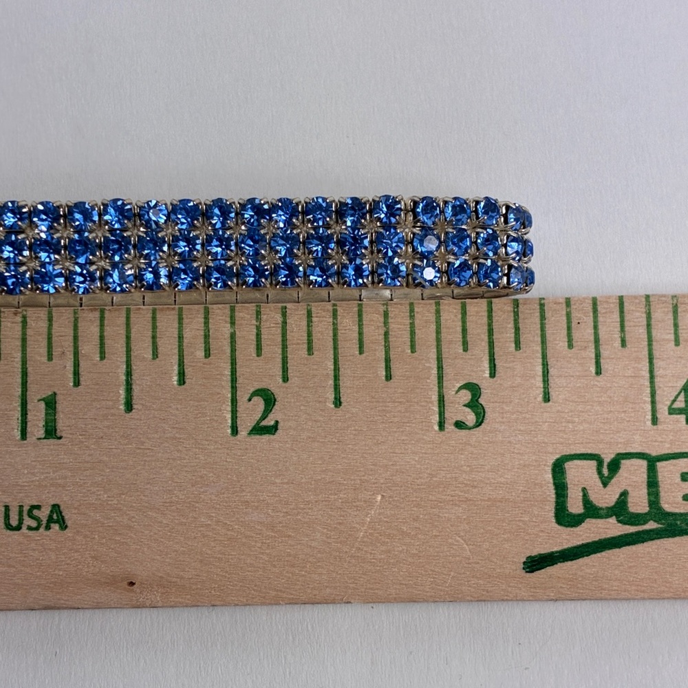 Blue Rhinestone Bracelet Three Row Expansion Band 7 Inch Stretchy - Picture 2 of 10